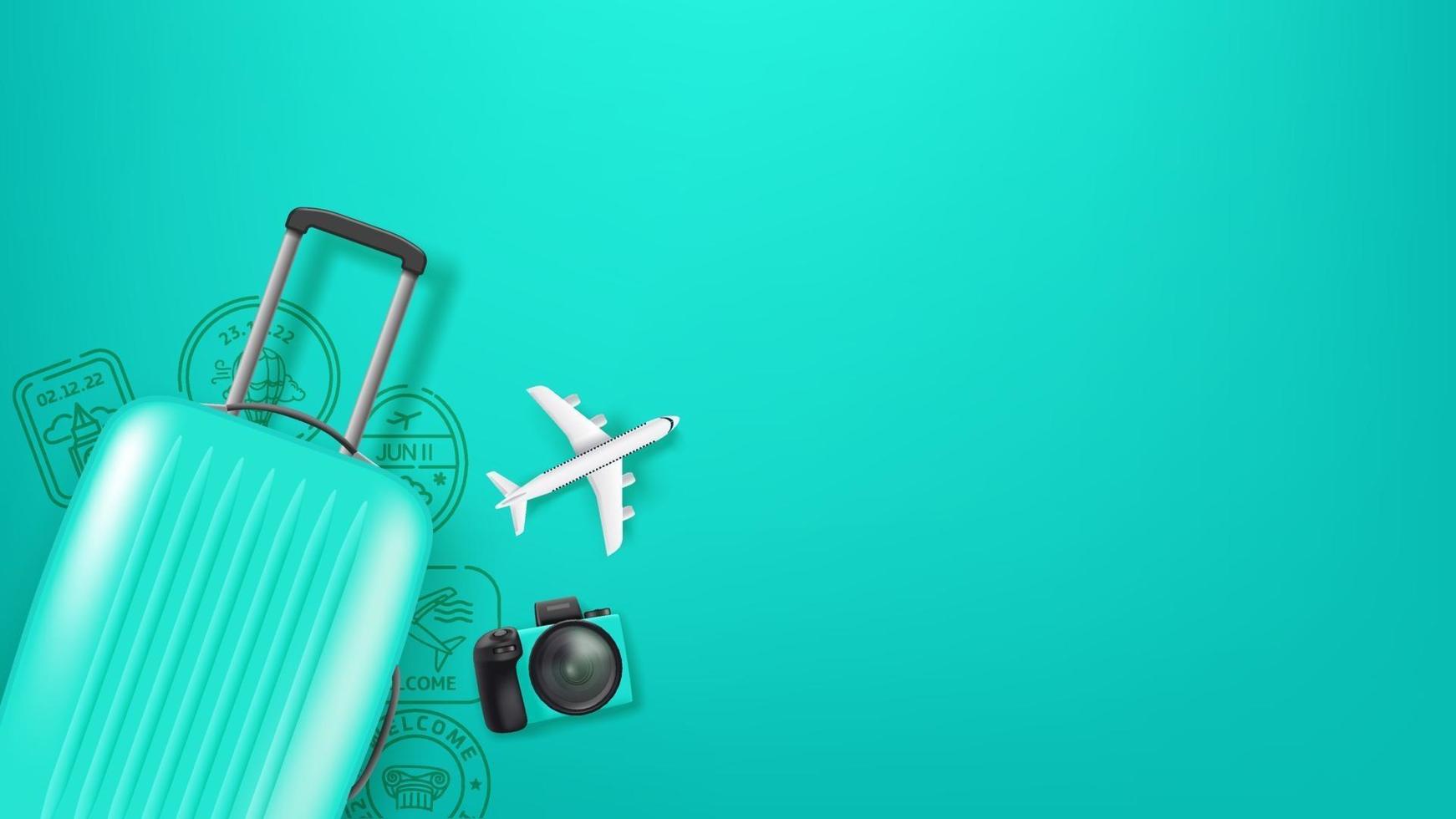 illustration de voyage avec sac à main, modèle d'avion et timbres. illustration à plat vecteur
