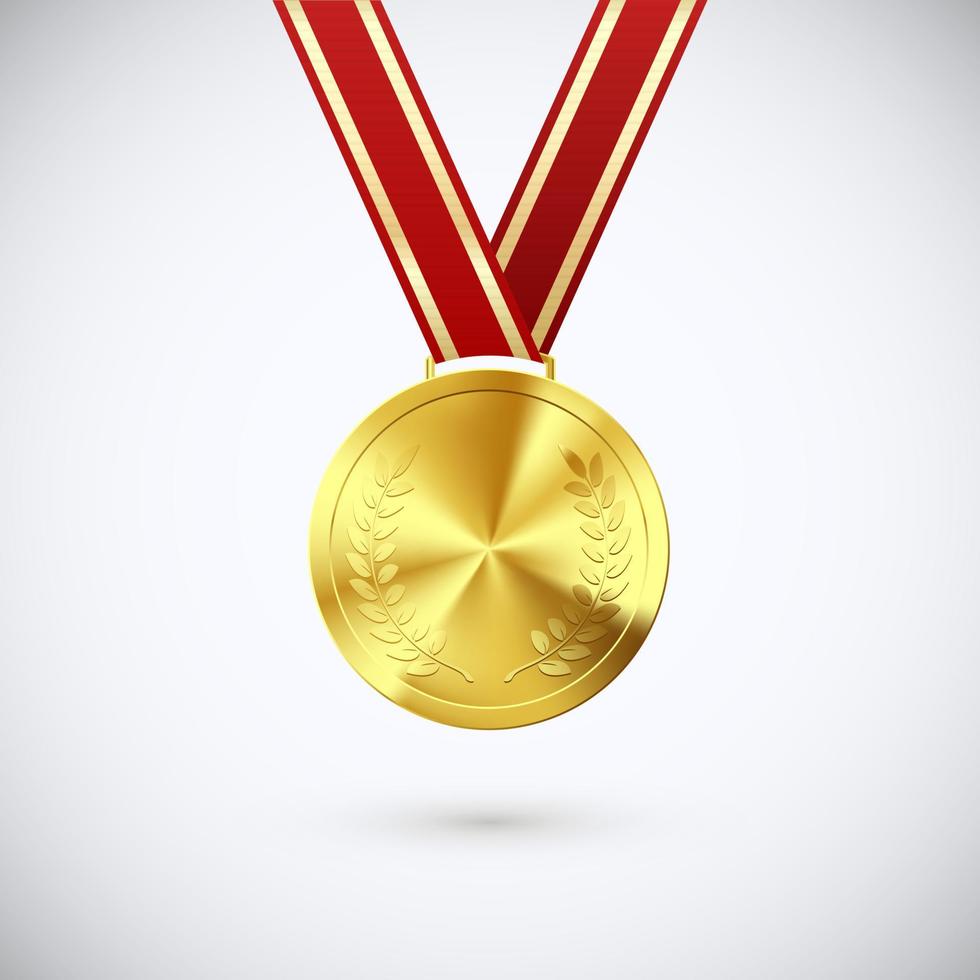 d'or médaille avec laurier pendaison sur rouge ruban. or prix symbole de la victoire et succès. vecteur illustration