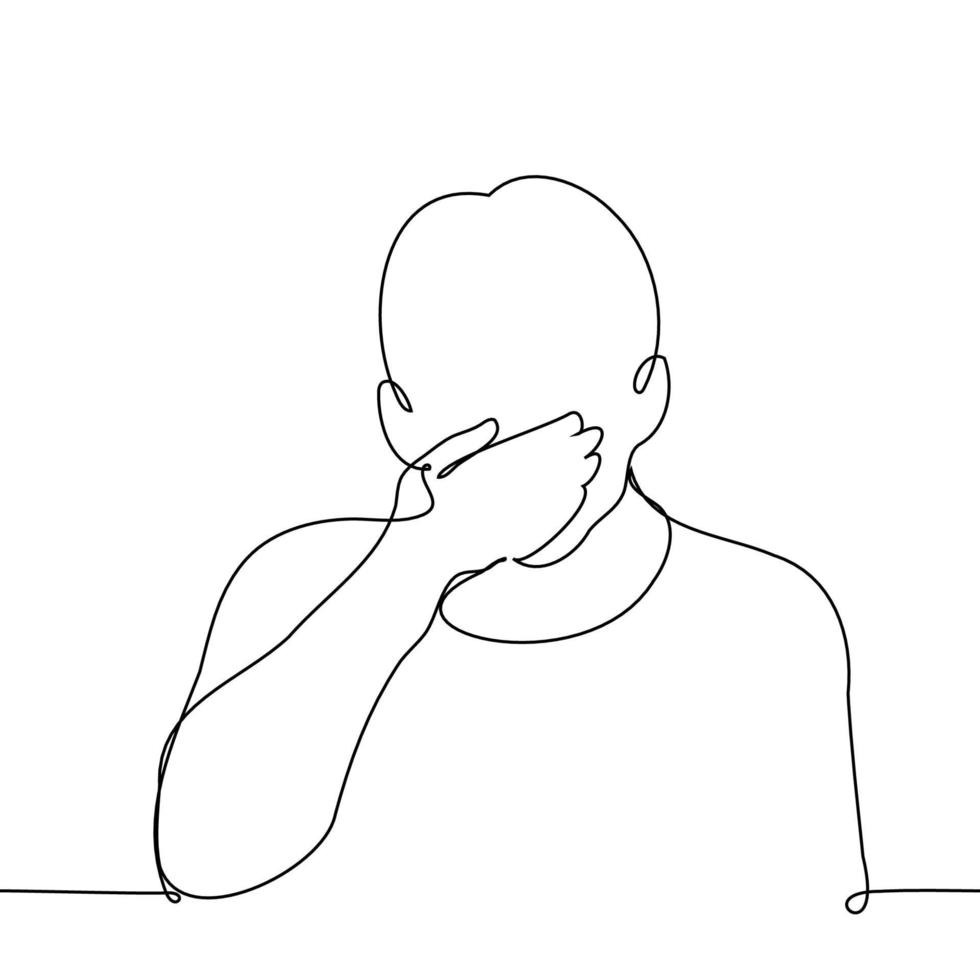 silhouette de une homme couvrant le sien bouche et nez avec le sien main - un ligne dessin vecteur. concept fermer un bouche et nez, puer, silence soi-même vecteur