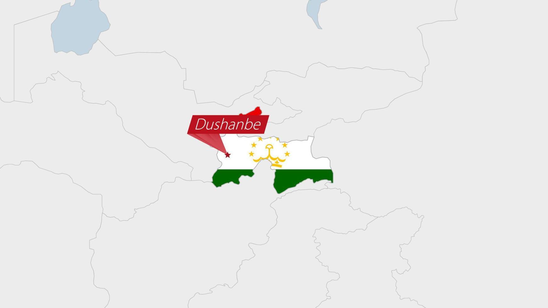 le tadjikistan carte Souligné dans le tadjikistan drapeau couleurs et épingle de pays Capitale Douchanbé. vecteur