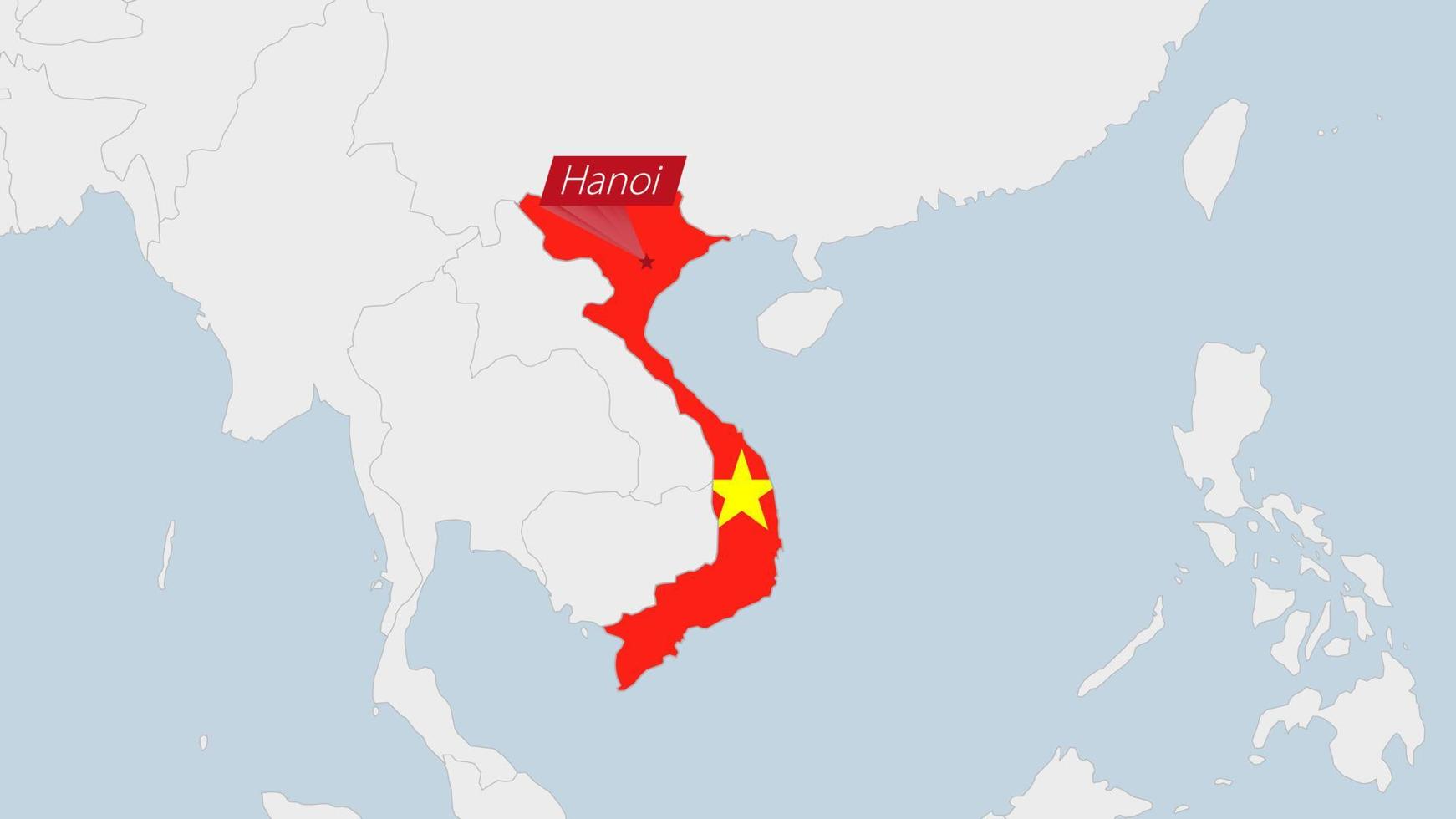 vietnam carte Souligné dans vietnam drapeau couleurs et épingle de pays Capitale Hanoï. vecteur