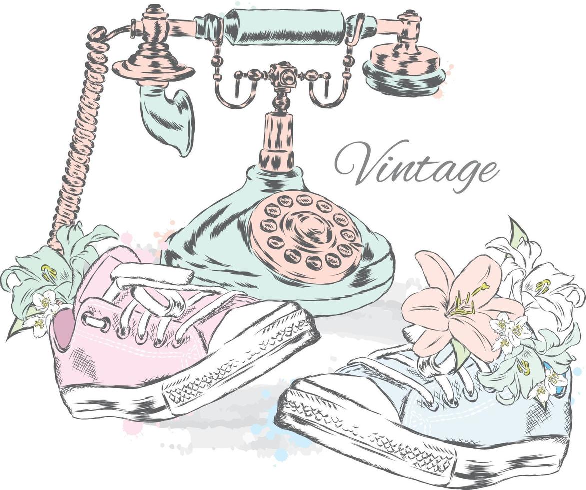 téléphone vintage, fleurs et baskets. illustration de hipster. vecteur