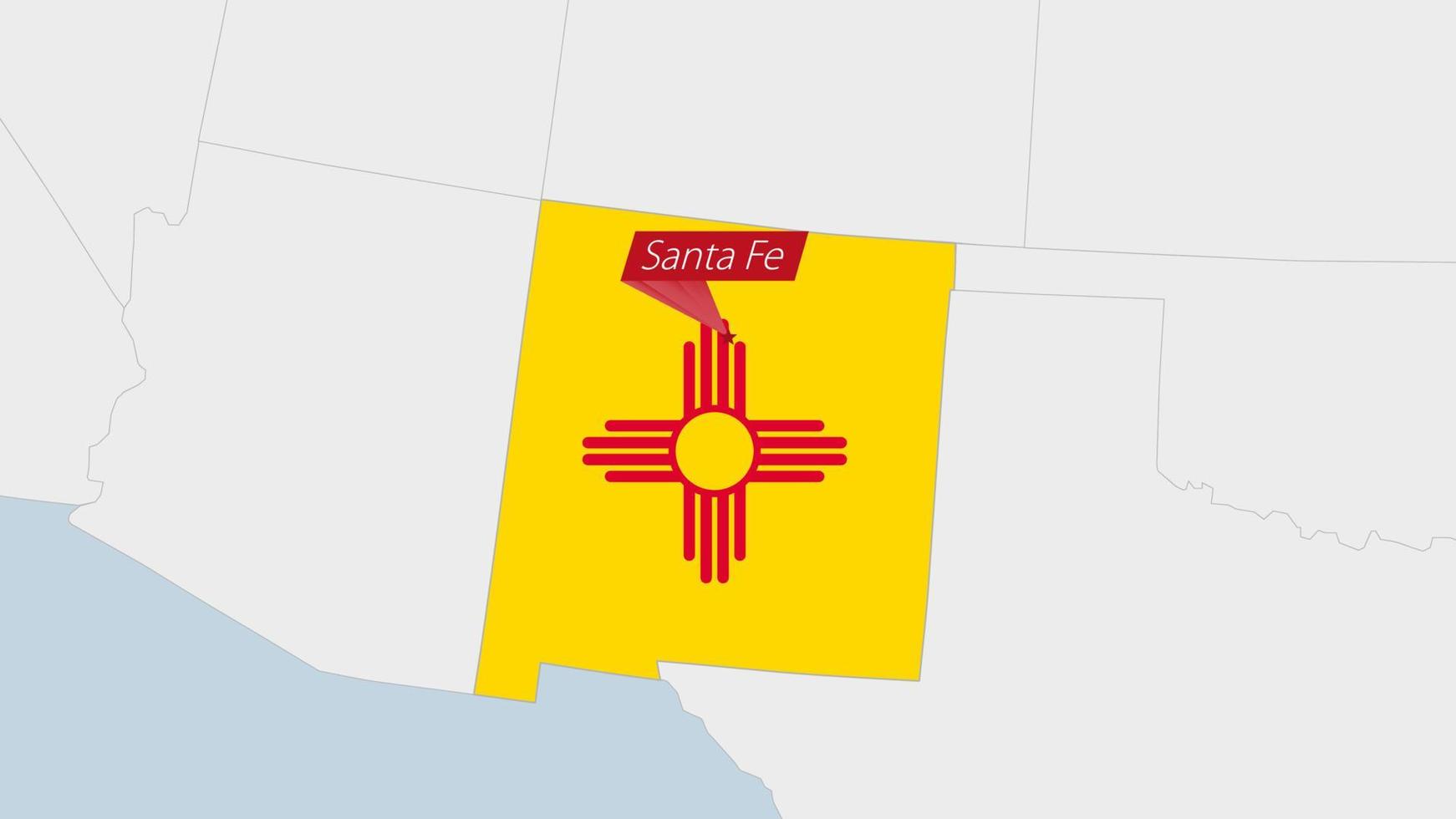 nous Etat Nouveau Mexique carte Souligné dans Nouveau Mexique drapeau couleurs et épingle de pays Capitale Père Noël fe. vecteur