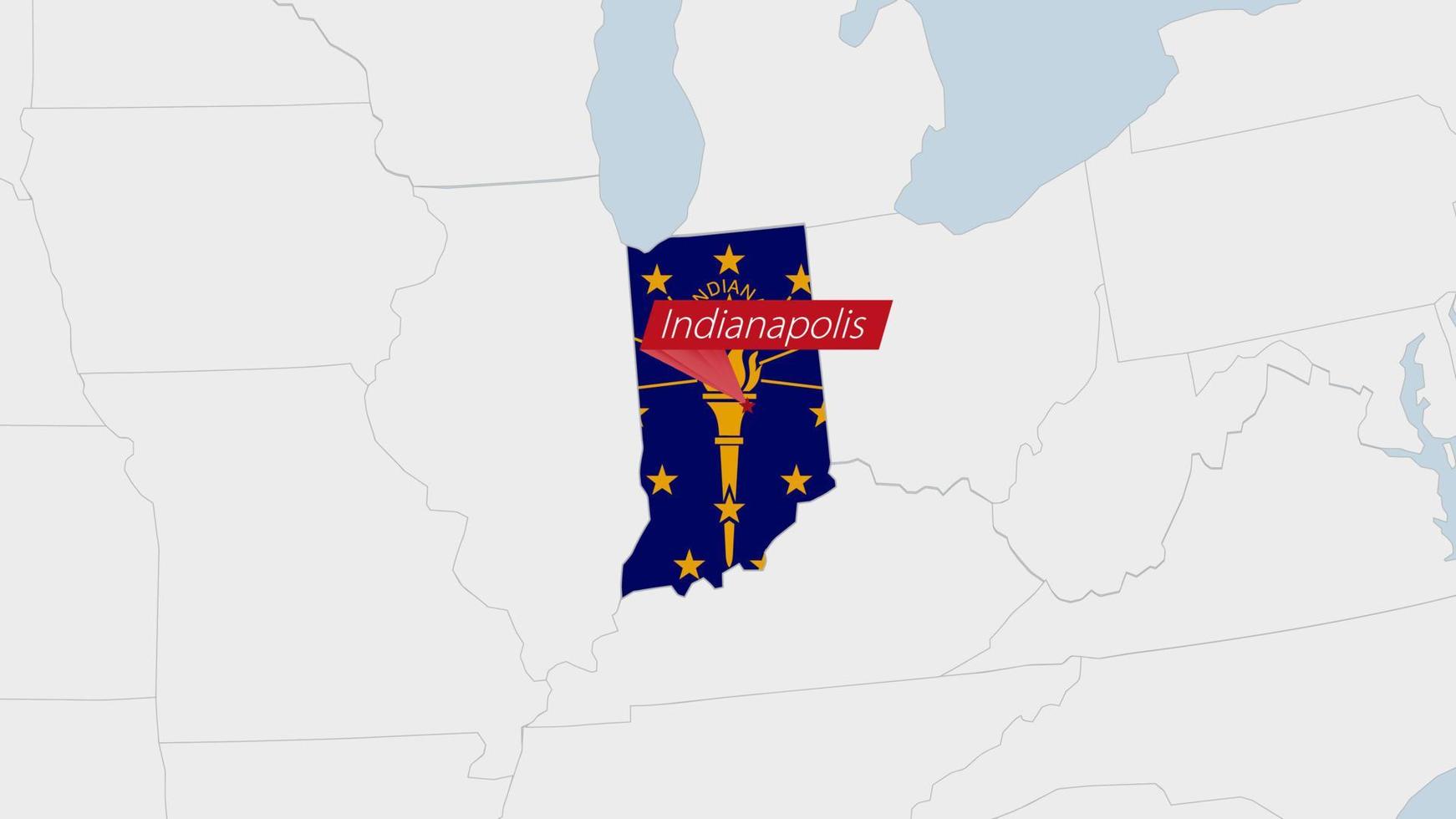 nous Etat Indiana carte Souligné dans Indiana drapeau couleurs et épingle de pays Capitale indianapolis. vecteur