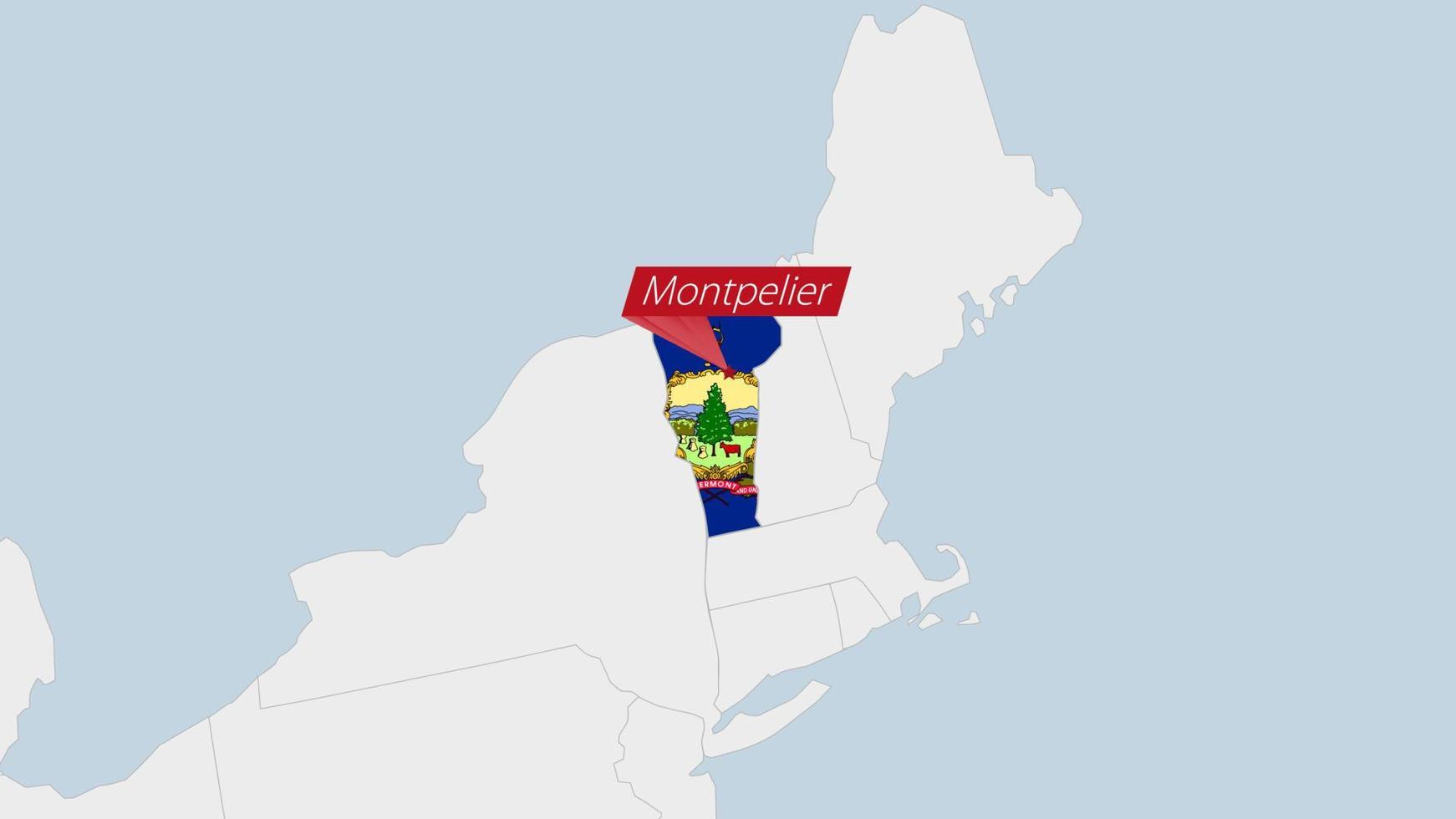 nous Etat Vermont carte Souligné dans Vermont drapeau couleurs et épingle de pays Capitale Montpellier. vecteur