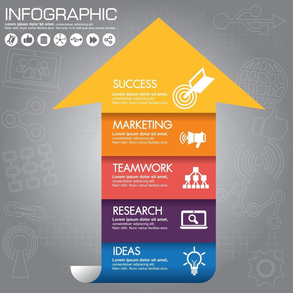 graphiques d'informations étape par étape. maison de concept d'entreprise abstraite sous forme de flèche avec 5 étapes, options, pièces, processus. modèle vectoriel pour la présentation et la formation.