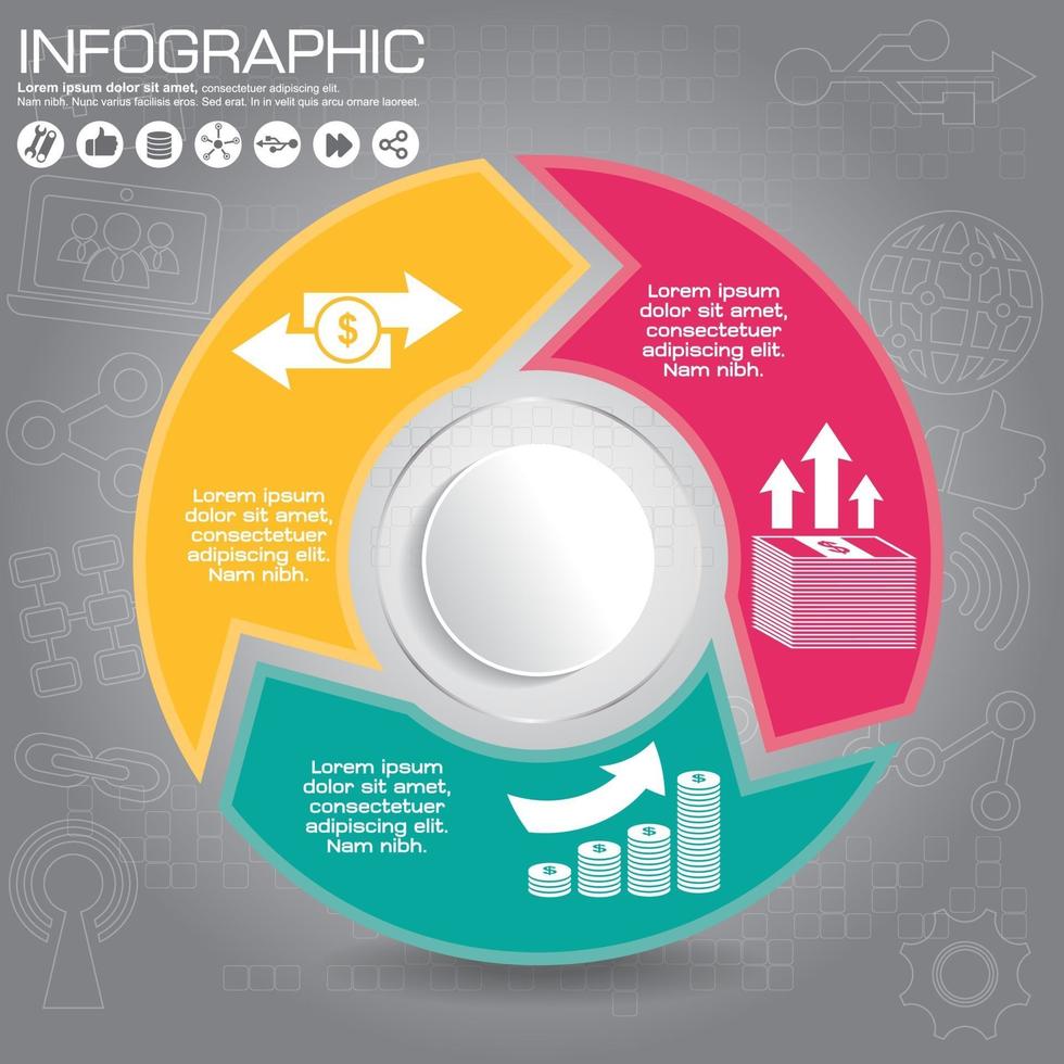 diagramme infographique rond connecté. graphique circulaire avec 3 options. étapes de progression du papier pour un didacticiel en deux parties. bannière de séquence de concept d'entreprise isolé. disposition du flux de travail eps10. vecteur