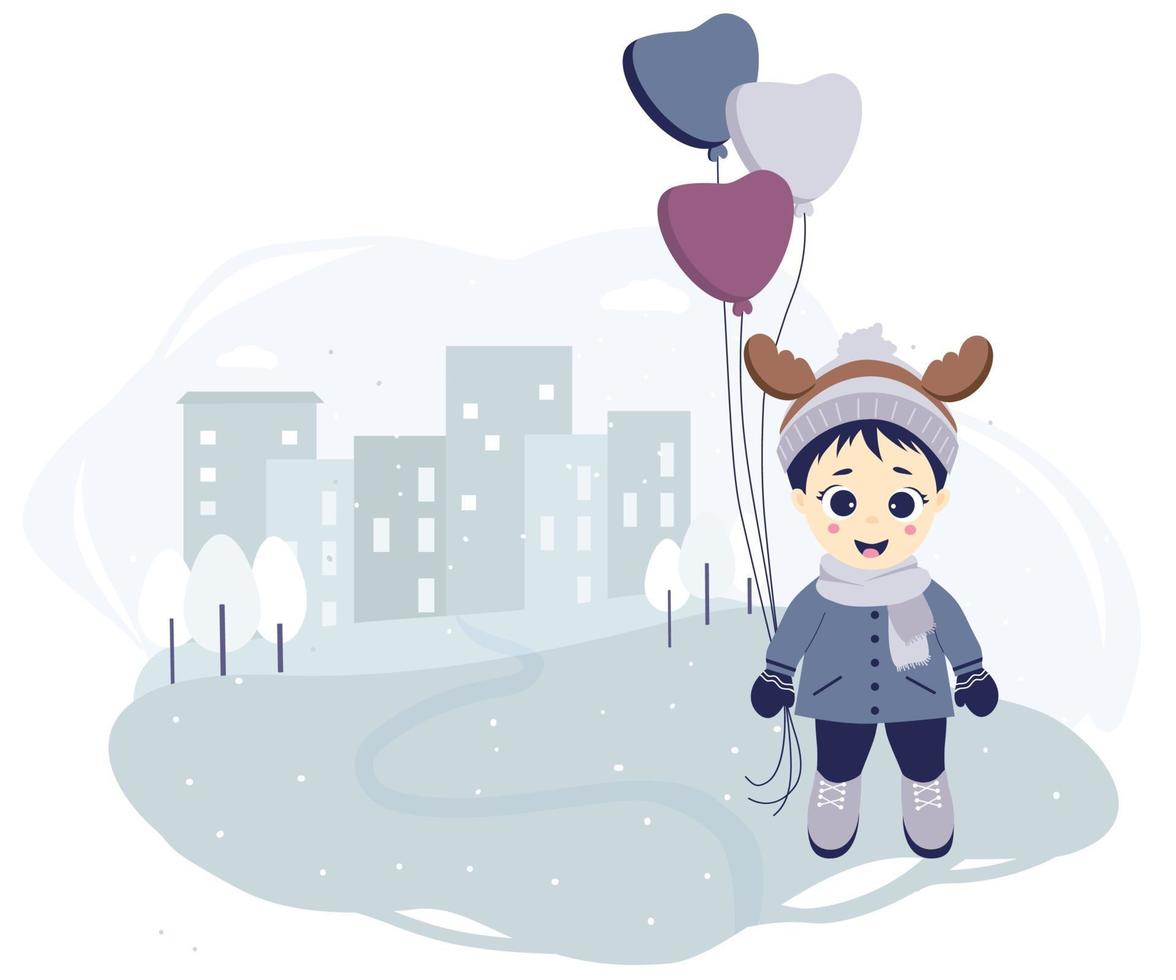 les enfants en hiver. un garçon avec des bois de cerf et des ballons sur la ville se dresse sur un fond avec des maisons, des arbres et des flocons de neige. vecteur