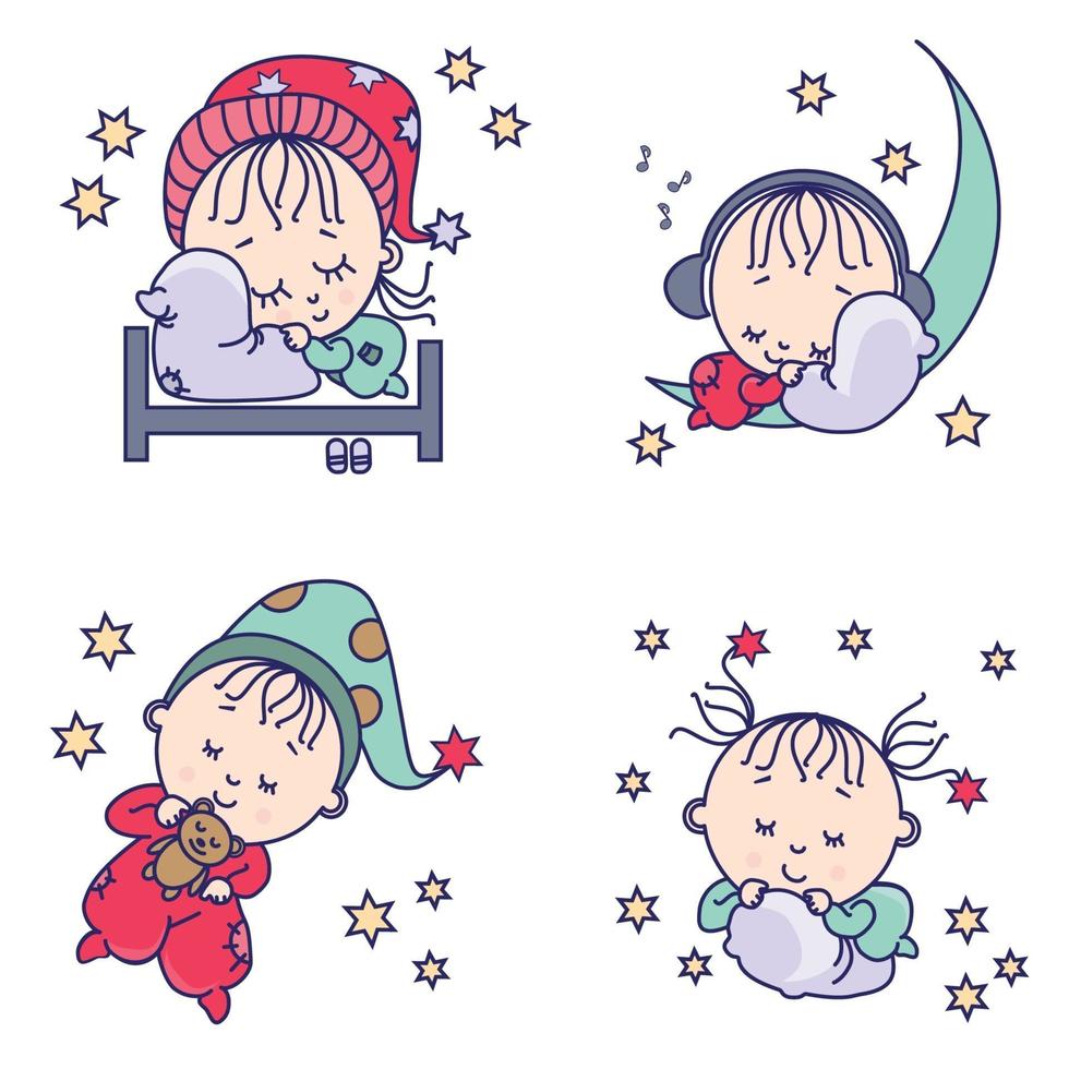 douce collection de rêve. adorables bébés endormis sur un oreiller, un lit, avec un ours en peluche et sur la lune. vecteur