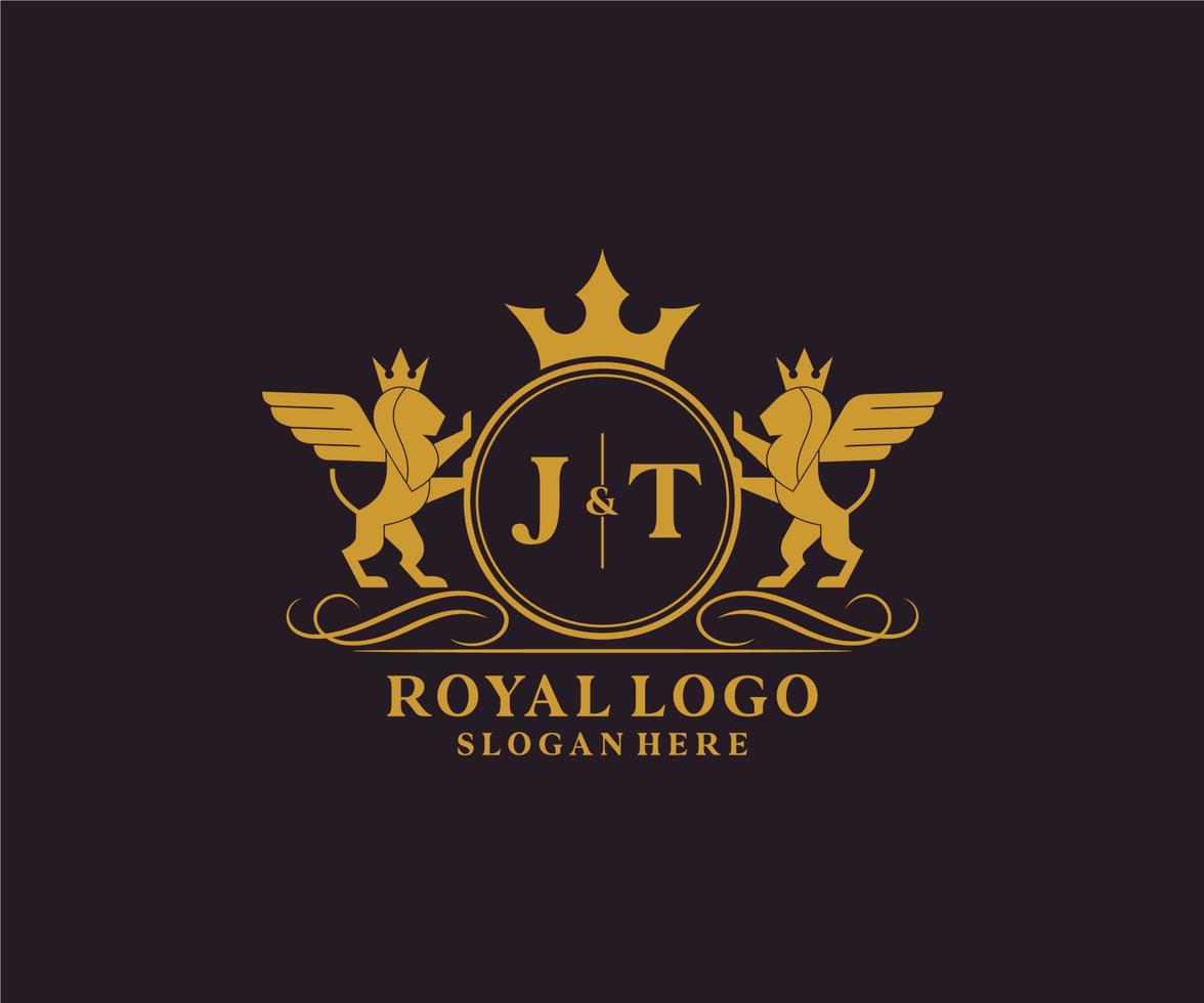 initiale jt lettre Lion Royal luxe héraldique, crête logo modèle dans vecteur art pour restaurant, royalties, boutique, café, hôtel, héraldique, bijoux, mode et autre vecteur illustration.