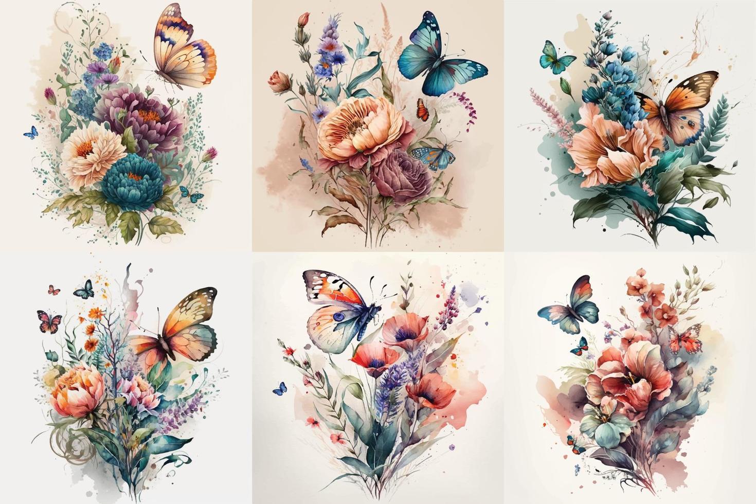 papillon aquarelle ensemble, floral illustration, floral fleur, floral paquet vecteur