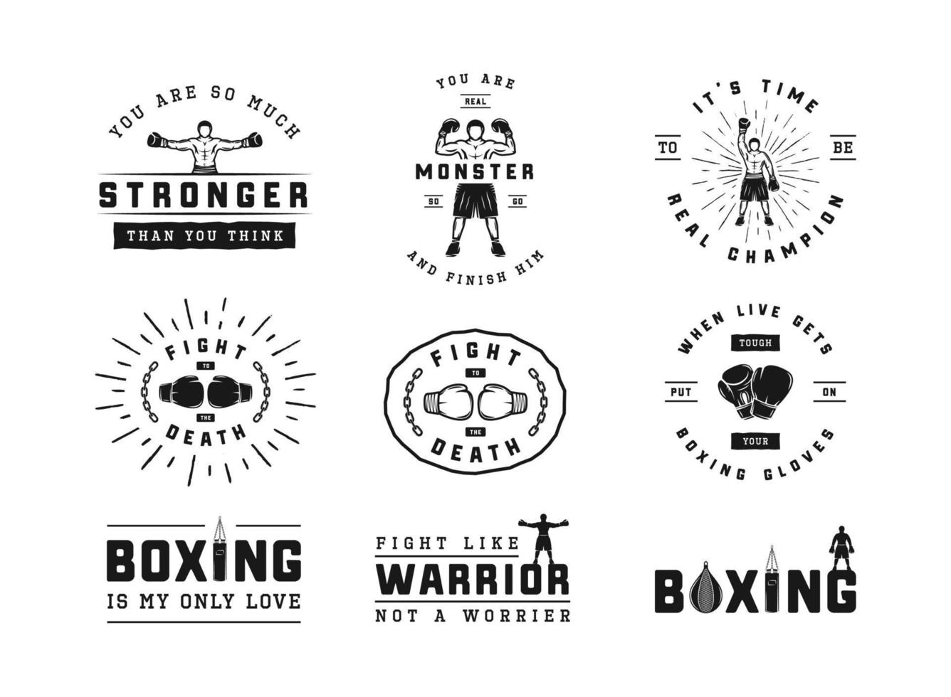 boxe et martial les arts logo badges et Étiquettes dans ancien style. de motivation affiches avec inspirant devis. vecteur
