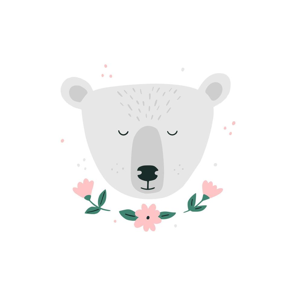 mignonne main tiré polaire ours. charmant impression avec blanc ours. tête avec fleurs sur une blanc Contexte. infantile style garderie art. vecteur illustration pour mur art, carte.