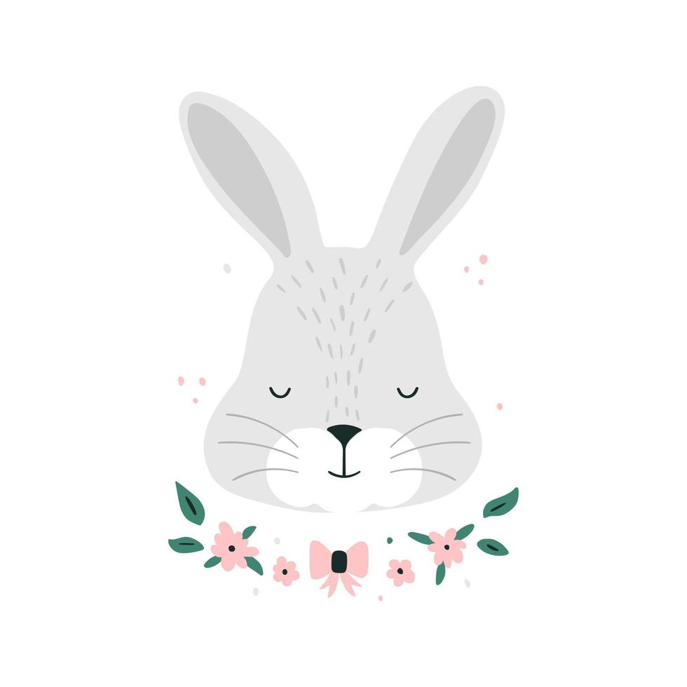 mignonne main tiré lapin. charmant impression avec blanc lapin. tête avec fleurs sur une blanc Contexte. garderie art, des gamins conception. infantile style vecteur illustration pour mur art, carte