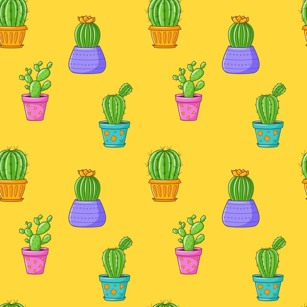 sans couture modèle avec différent cactus, succulent plante dans brillant fleur pot. dessin animé cactus. main dessin Contexte avec plantes d'intérieur. vecteur illustration sur Jaune Contexte