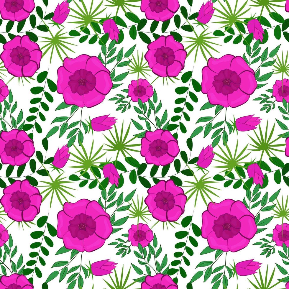 fond de feuilles et de fleurs. illustration vectorielle avec des fleurs roses et des feuilles vertes sur fond blanc. vecteur