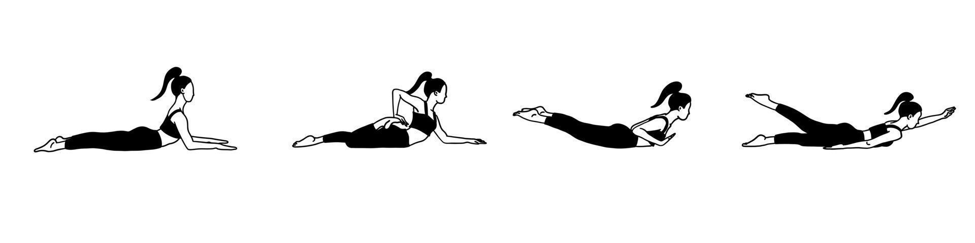 souplesse yoga pose collection. noir et blanche. femme, dame, femme, fille. méditation, pilates, mental santé, entraînement, salle de sport. vecteur illustration dans dessin animé plat style isolé