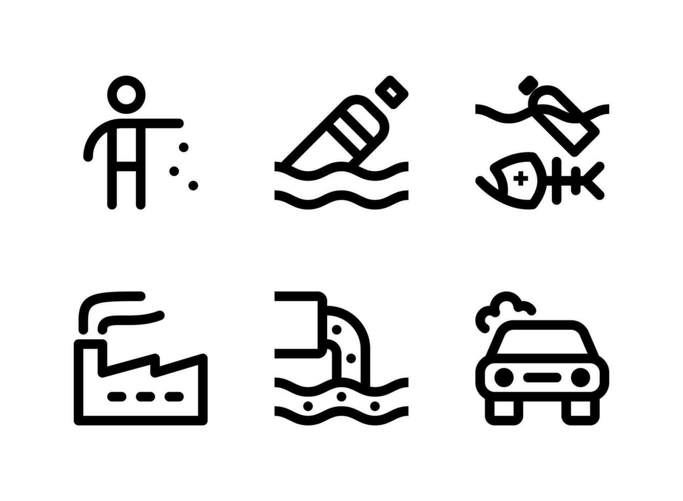 ensemble simple d'icônes de ligne vectorielle liées à la pollution. contient des icônes comme litière, bouteille flottante, poisson mort, usine et plus encore. vecteur