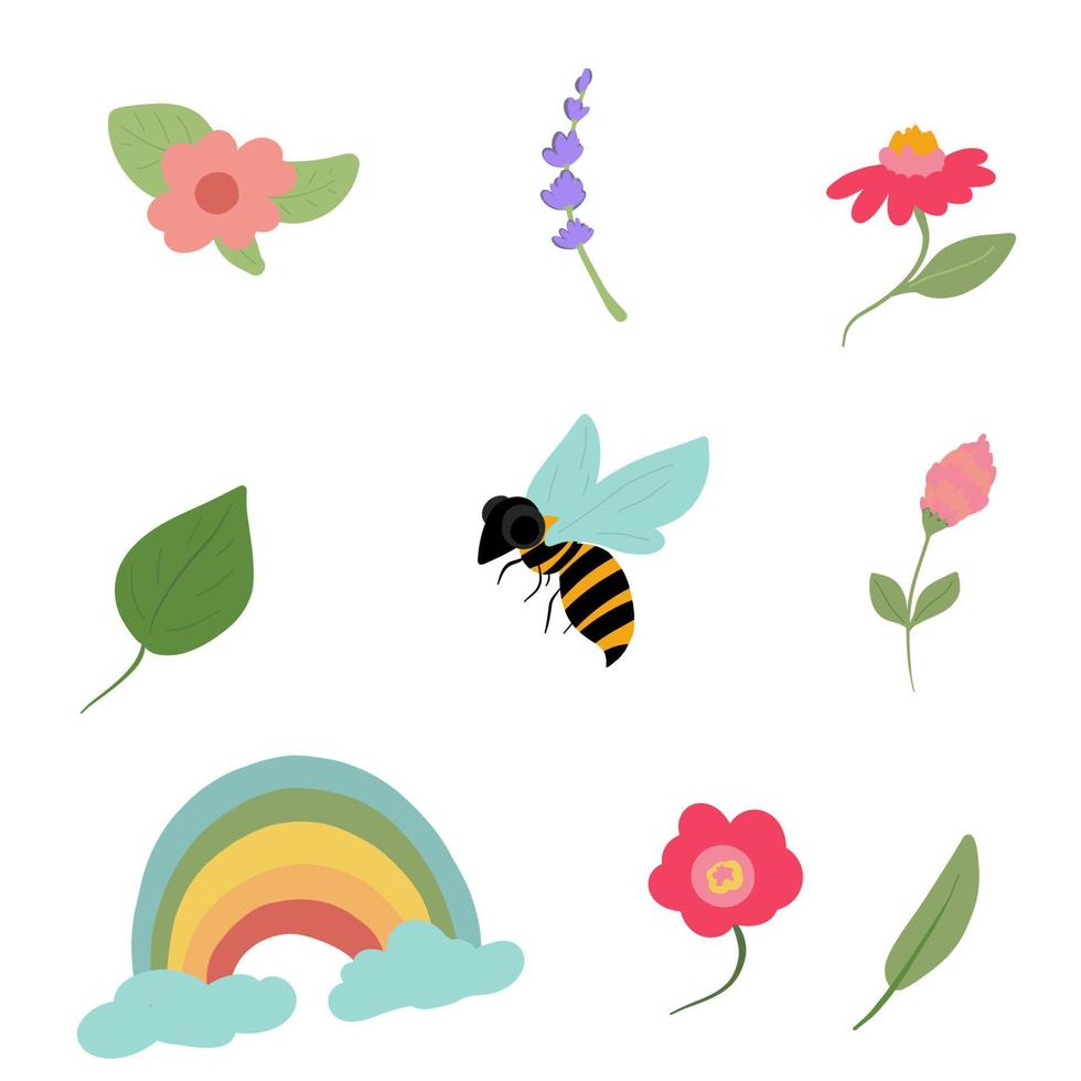 ensemble de brillant fleurs et abeille avec gros yeux et arc en ciel vecteur