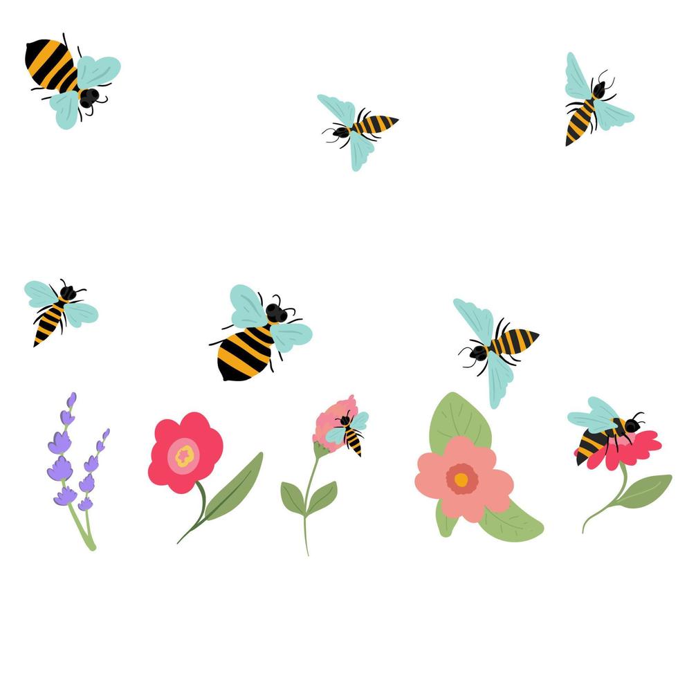 les abeilles en volant autour une fleurs vecteur