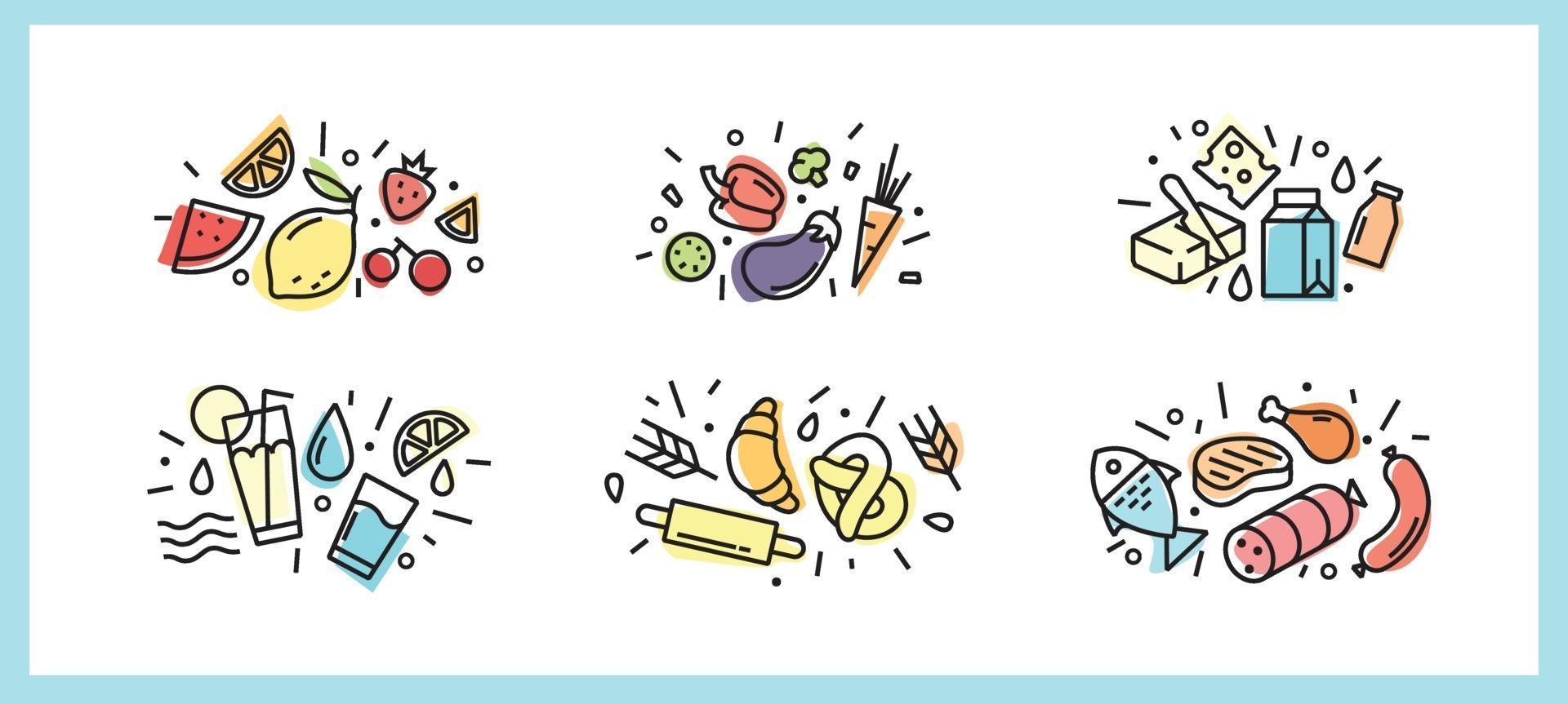 icônes alimentaires colorées dans un style branché. pour le Web et l'impression. fruits, légumes, agenda, viande, poisson, fruits de mer et bonbons vecteur