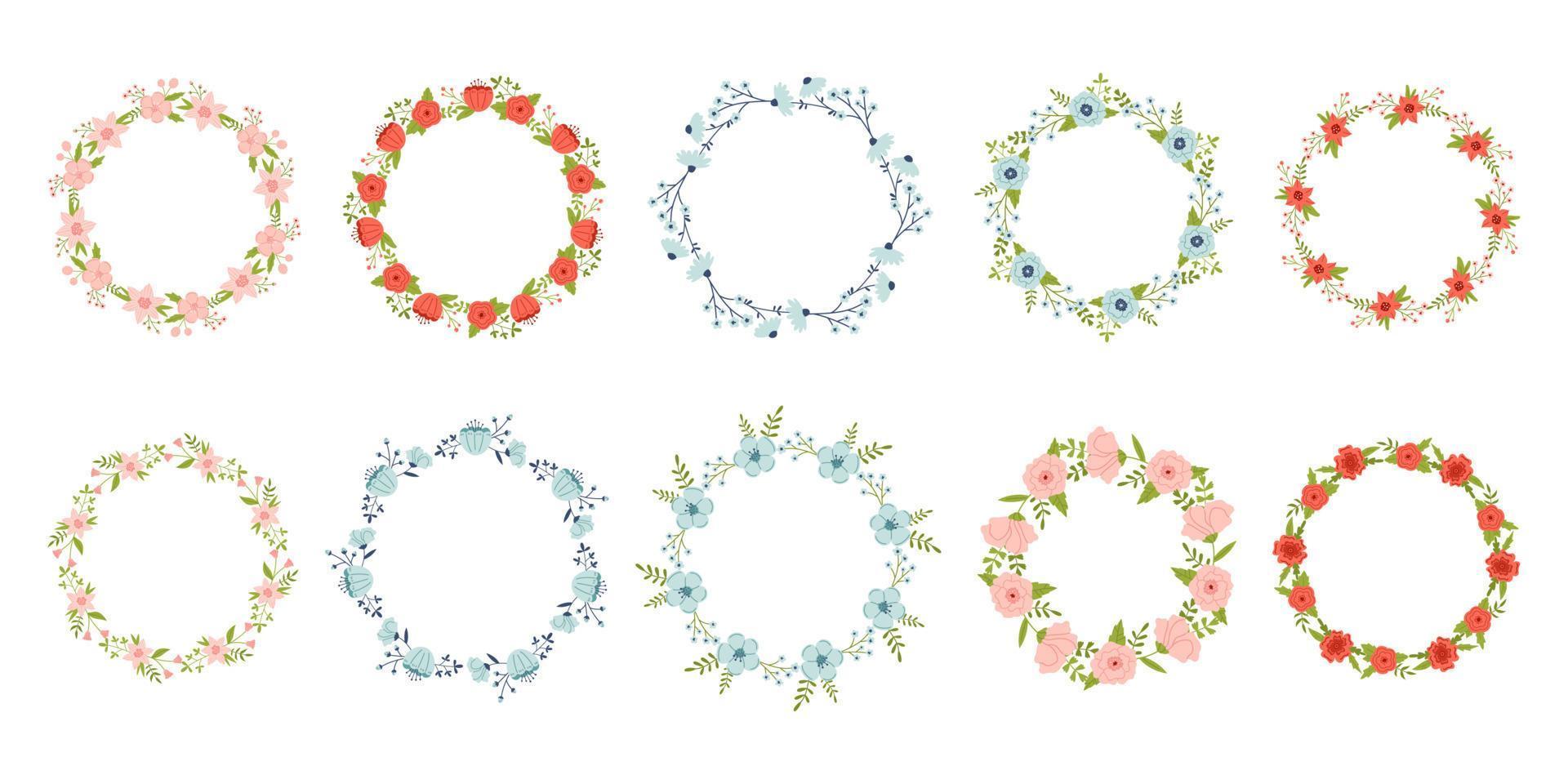 vecteur ensemble de floral couronnes de fleurs dans plat conception. collection de texte modèles avec printemps les plantes. fleur rond cadres copie espace. fleur couronnes de fleurs dans rose, rouge, vert et bleu couleurs.