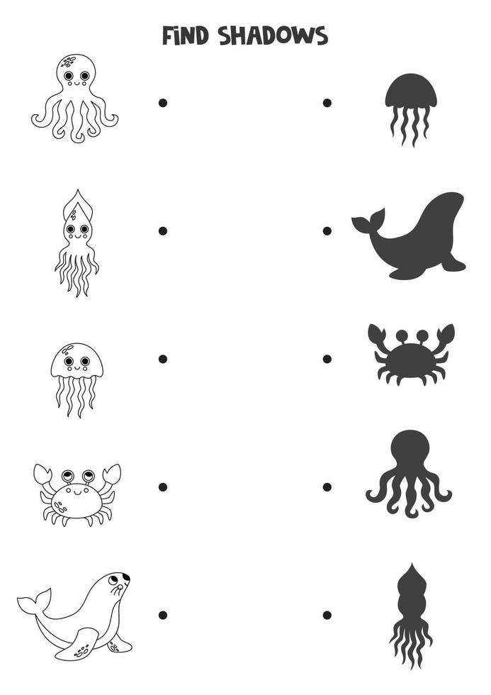 trouver le correct ombres de noir et blanc mer animaux. logique puzzle pour enfants. vecteur