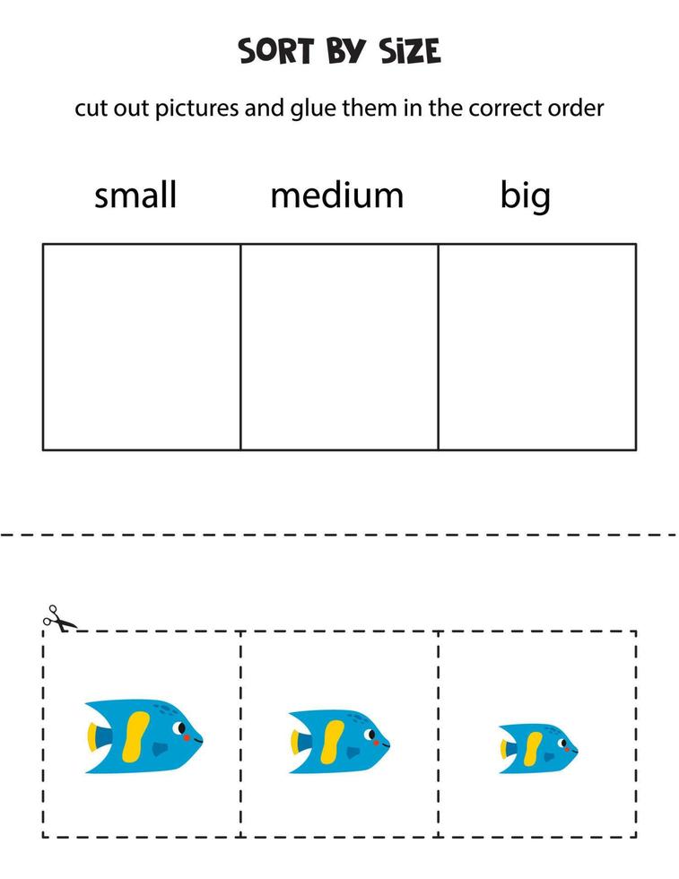 Trier ange poisson par taille. éducatif feuille de travail pour enfants. vecteur