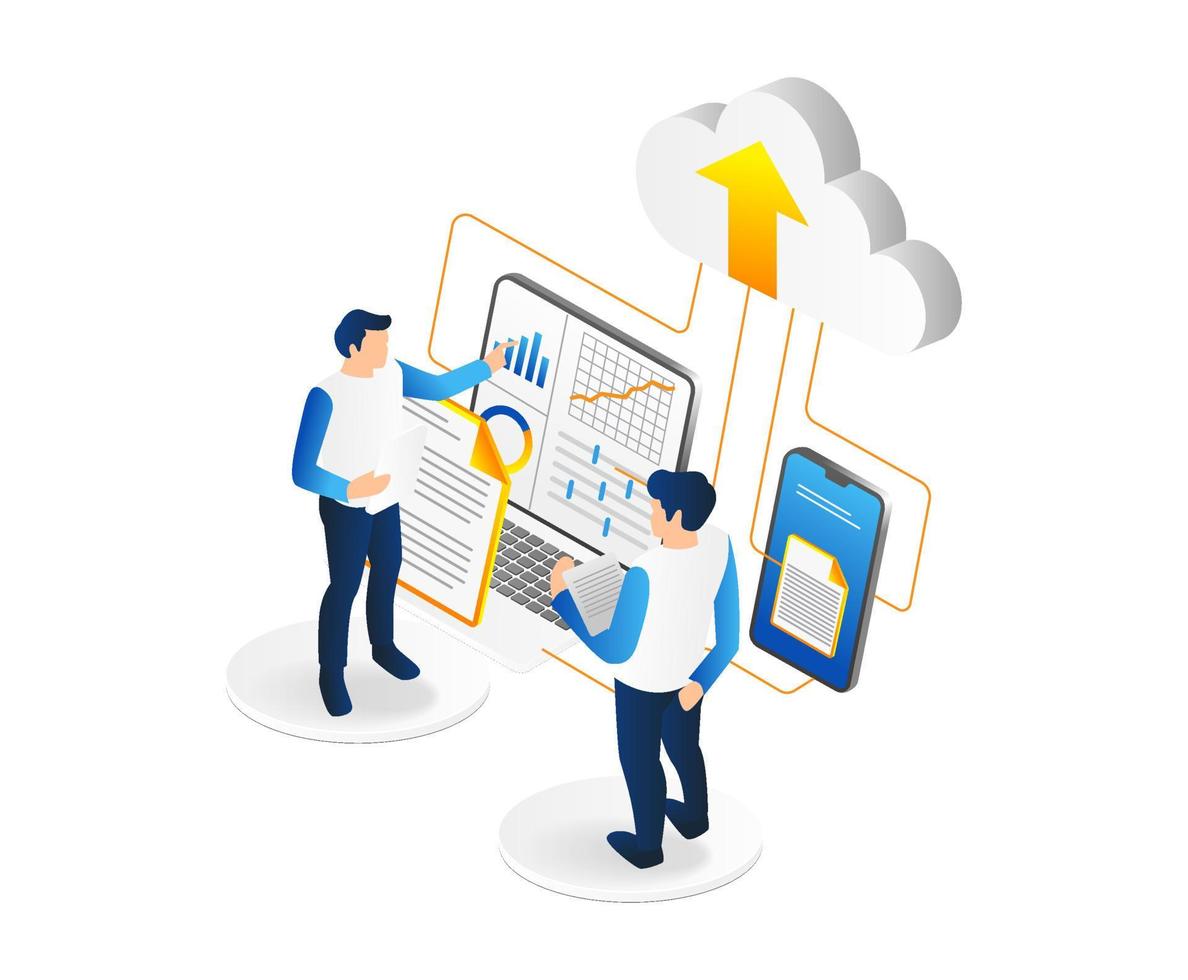 isométrique Les données analytique nuage l'informatique Les données une analyse Les données analytique nuage l'informatique Les données une analyse affaires analytique. vecteur illustration