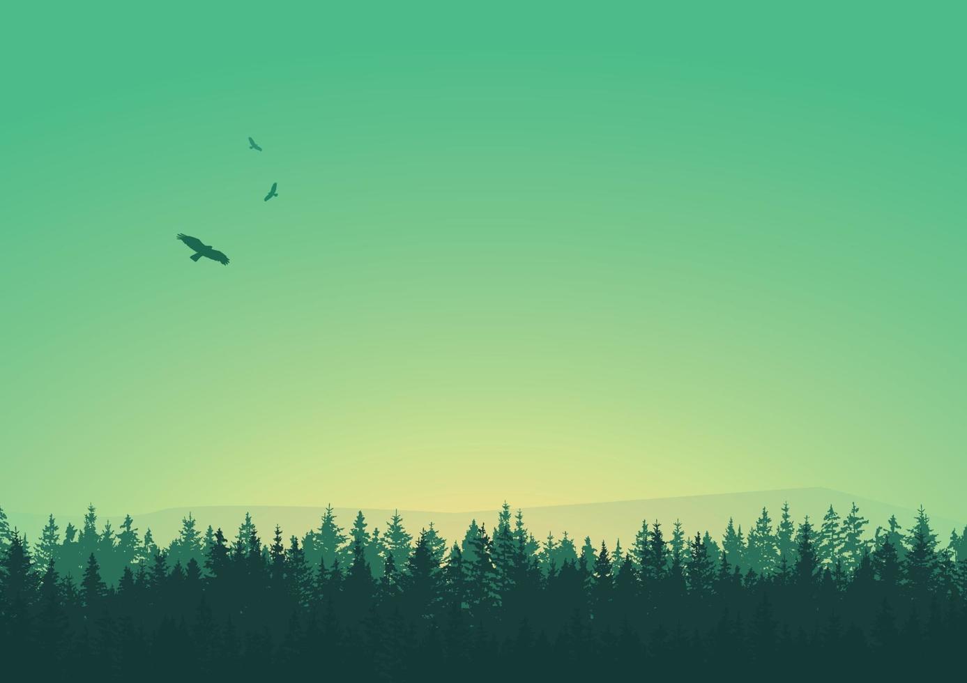 silhouette d'arbres avec des oiseaux dans la scène du ciel vert vecteur