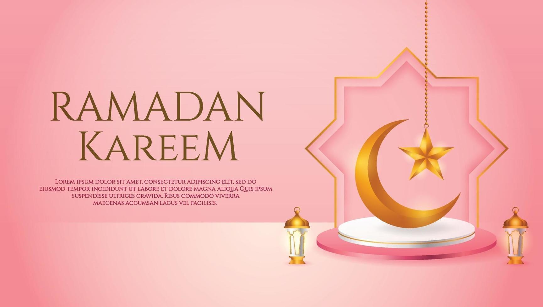 Présentoir de produits 3D sur le thème du podium rose et blanc islamique avec croissant de lune, lanterne et étoile pour le ramadan vecteur