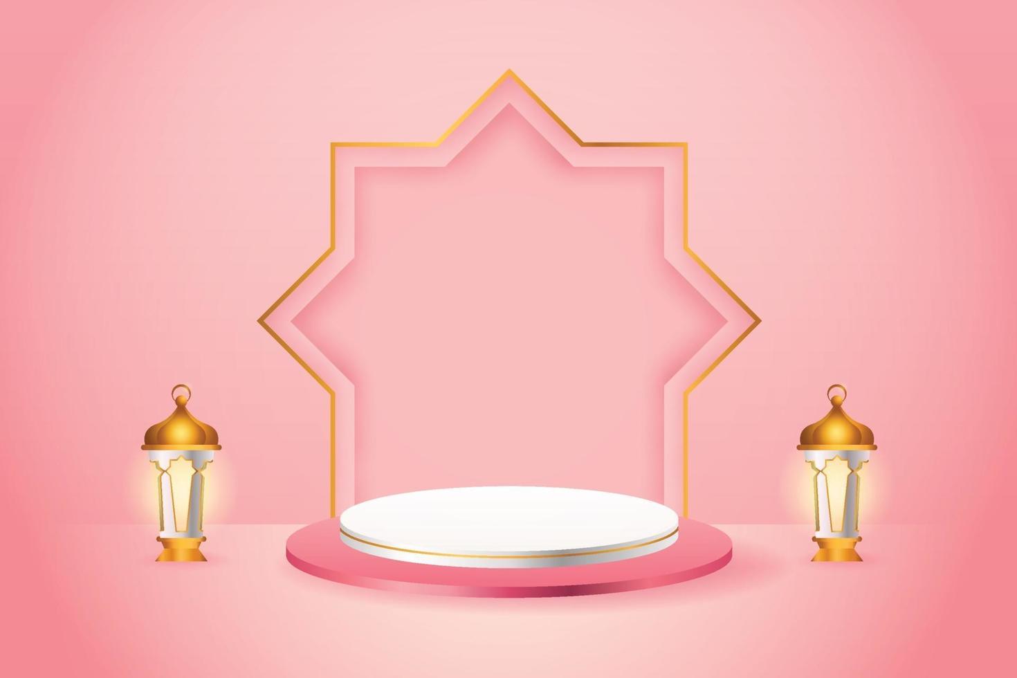 Présentoir de produit 3D sur le thème du podium rose et blanc islamique avec lanterne en or pour le ramadan vecteur