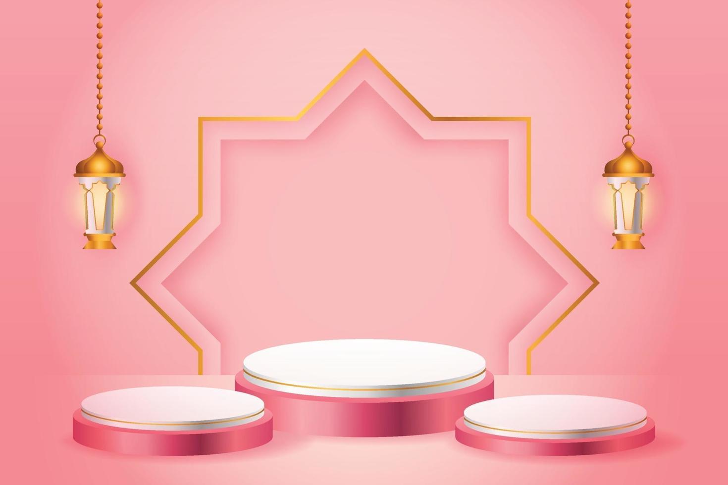 Présentoir de produit 3D sur le thème du podium rose et blanc islamique avec lanterne en or pour le ramadan vecteur