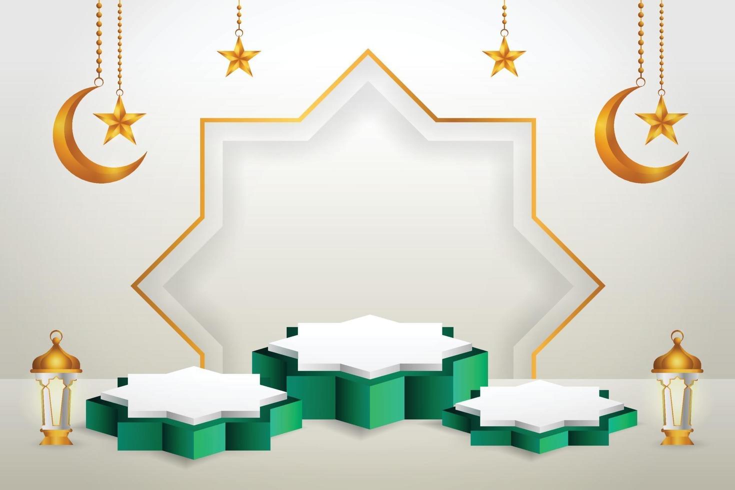 Affichage du produit 3D sur le thème du podium vert et blanc islamique avec croissant de lune, lanterne et étoile pour le ramadan vecteur