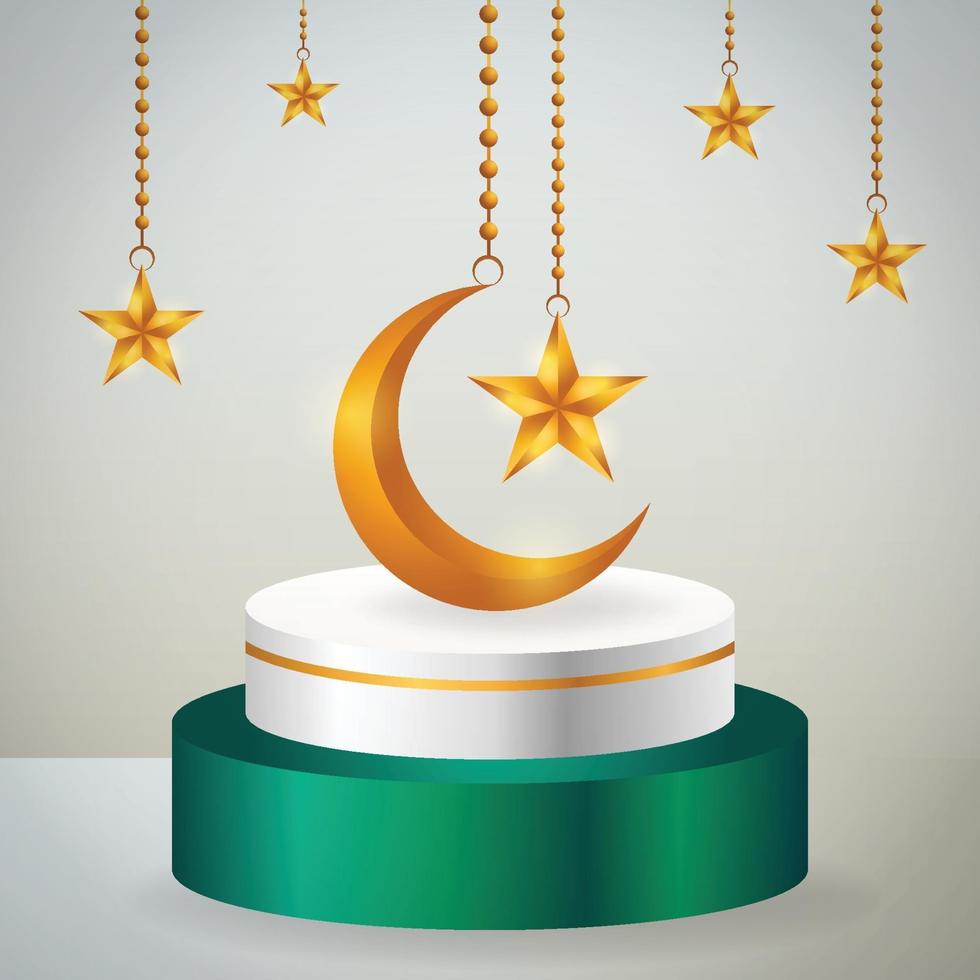 Affichage du produit 3D sur le thème du podium vert et blanc islamique avec croissant de lune en or et étoile pour le ramadan vecteur