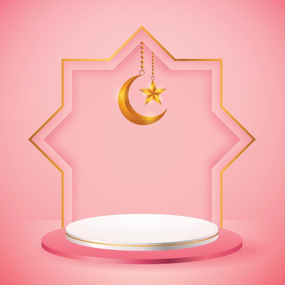 Présentoir de produit 3D sur le thème du podium rose et blanc islamique avec croissant de lune et étoile pour le ramadan vecteur