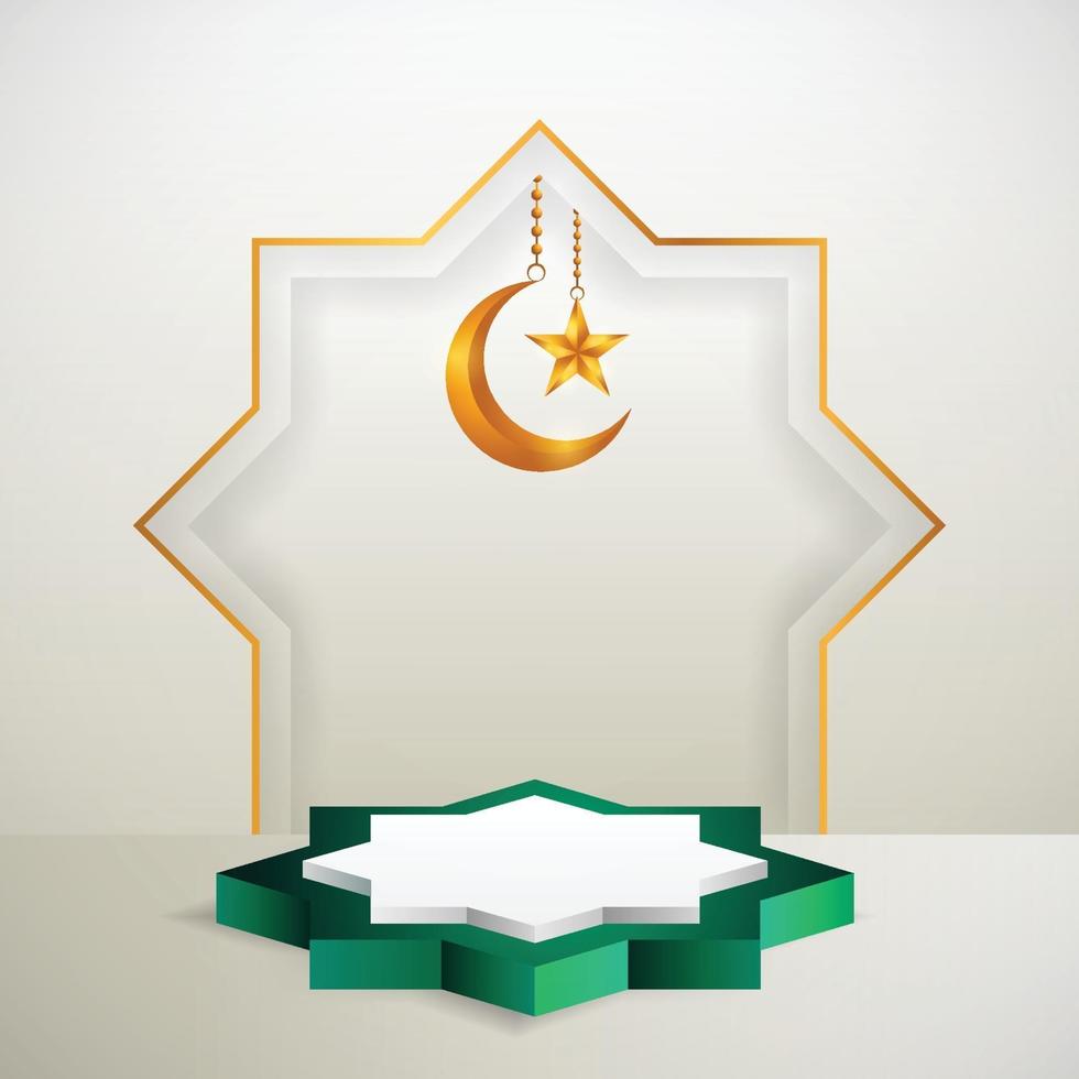 Affichage du produit 3D sur le thème du podium vert et blanc islamique avec croissant de lune et étoile pour le ramadan vecteur