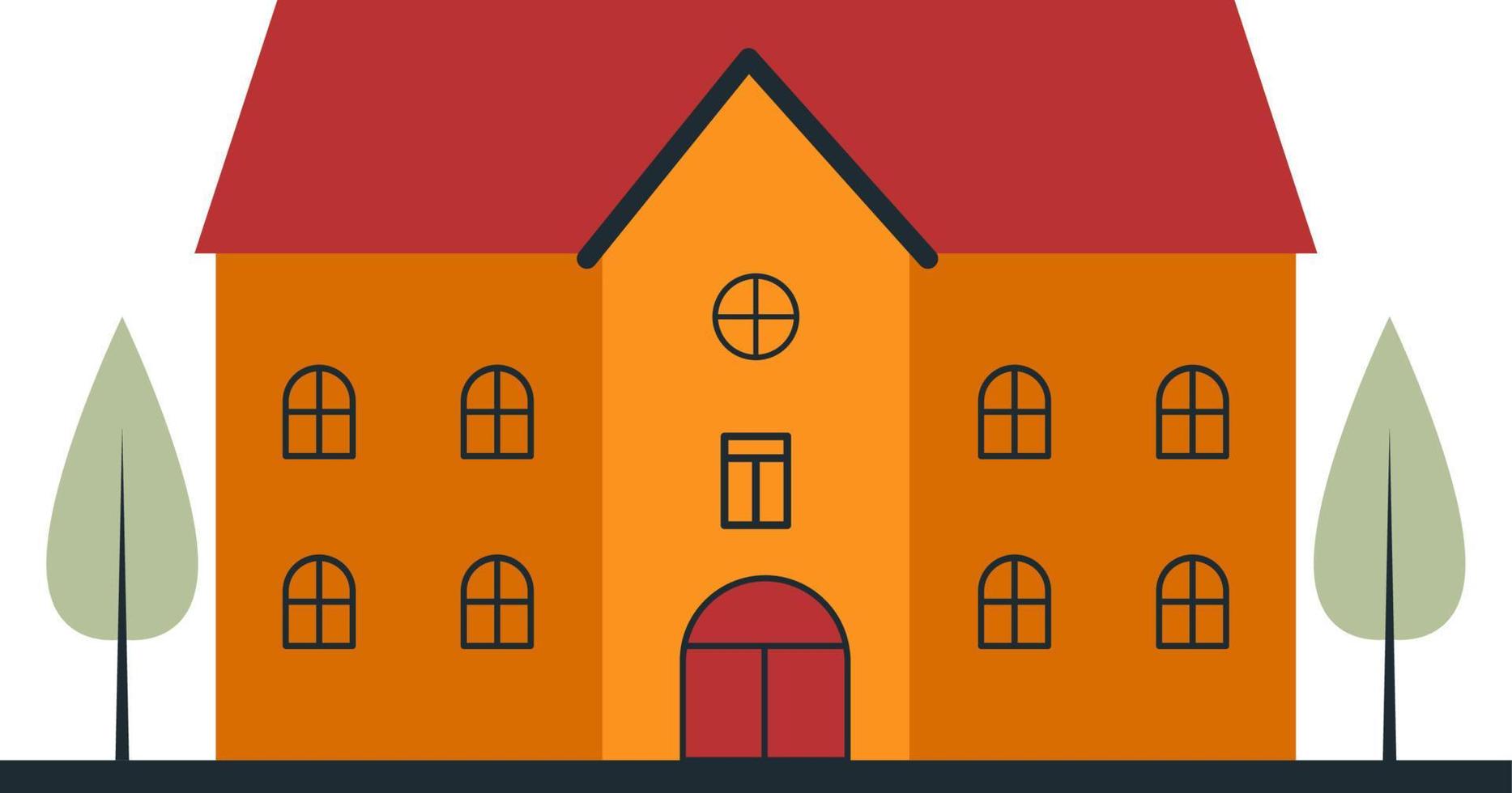 vecteur grand école pour enseignement les enfants et adolescents eps dix. vecteur un Orange bâtiment avec une rouge toit et des arbres autour le école eps dix.