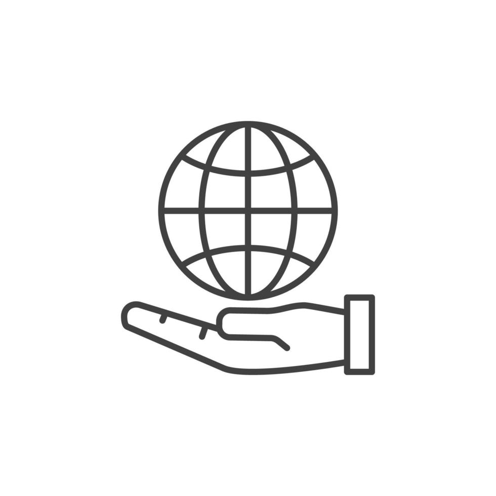 globe sur main vecteur concept mince ligne icône ou signe