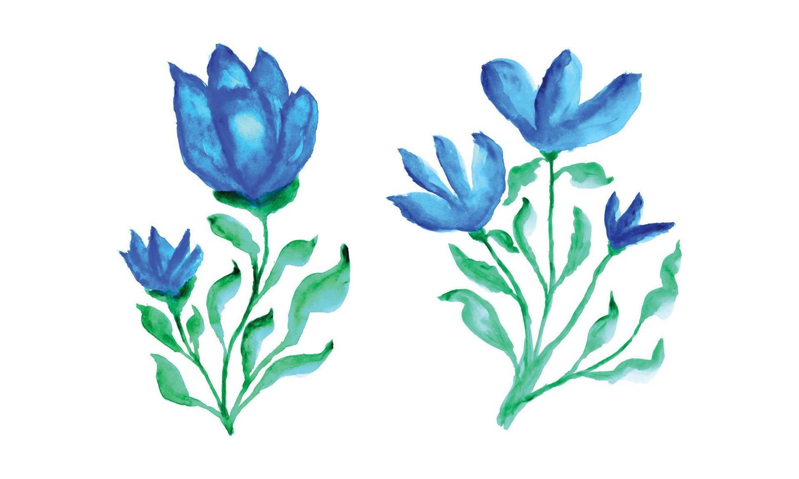 deux bleu fleurs sur une blanc Contexte. aquarelle La peinture de bleu fleurs avec vert feuilles. coloré aquarelle fleur conception vecteur