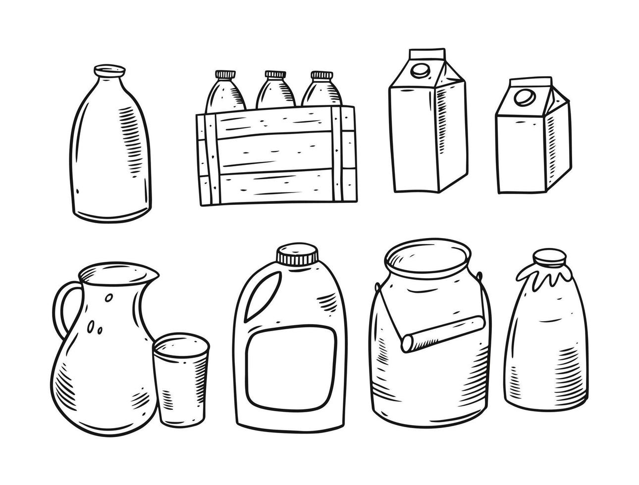 Lait emballer. bouteille, pot, paquet. noir et blanc Couleur vecteur illustration.