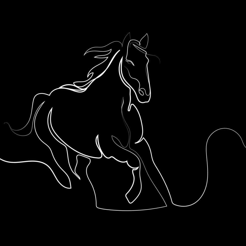 continu un ligne dessin cheval logo modèle, emblème, bannière, affiche, tatouage conception. magnifique cheval fonctionnement minimaliste noir linéaire esquisser isolé sur noir Contexte vecteur illustration.
