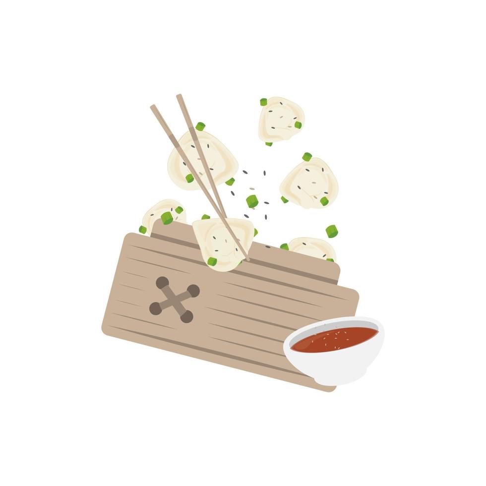 logo illustration de sichuan wonton Dumplings dans une bambou bateau à vapeur vecteur
