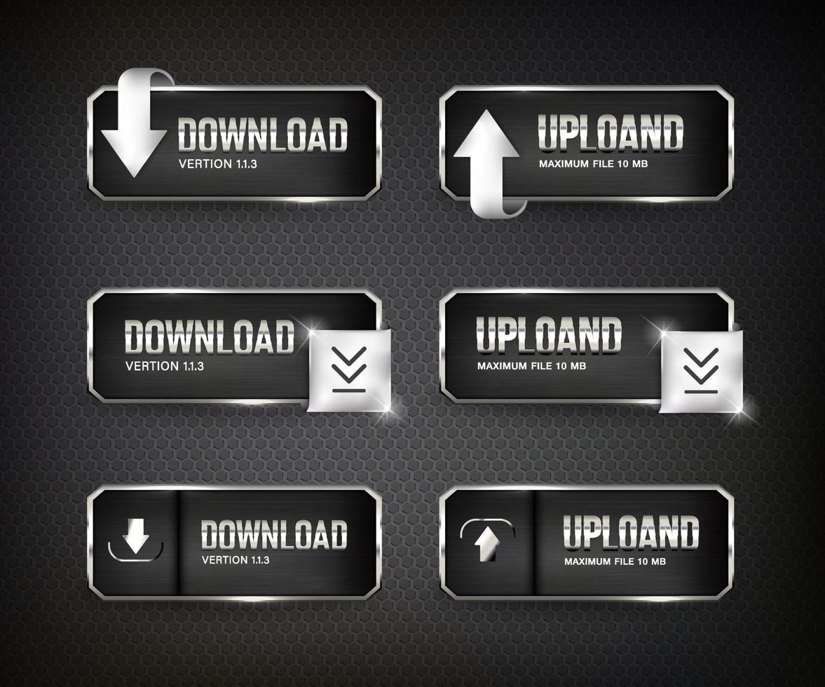 boutons web de téléchargement en acier sur fond noir vecteur