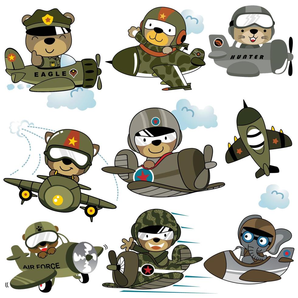 vecteur ensemble de divers militaire avion dessin animé avec marrant animaux pilote