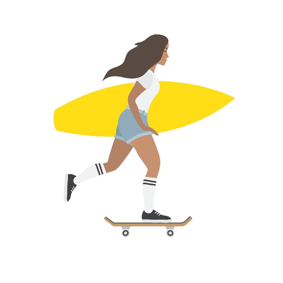 vecteur fille femme équitation une patin avec le surf