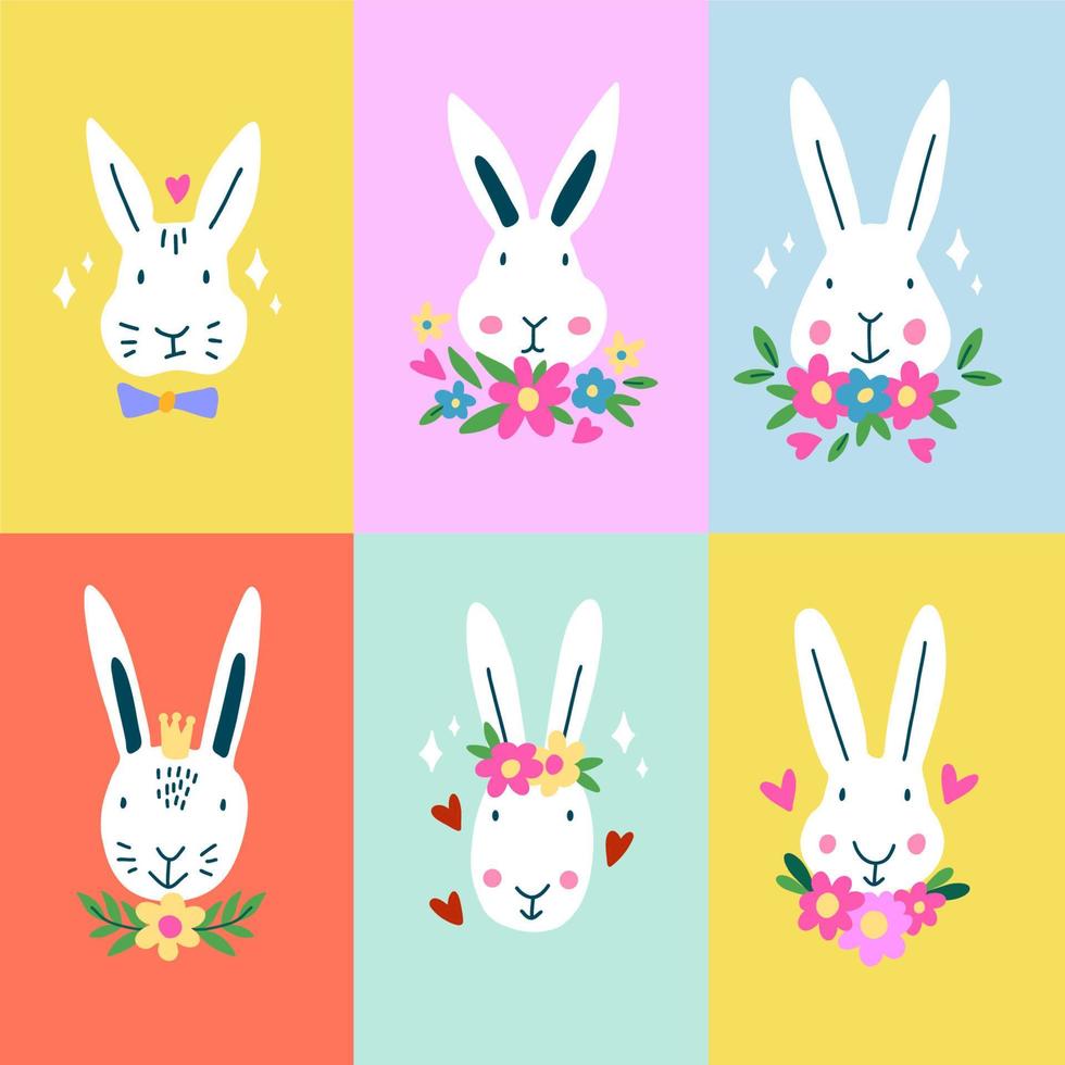 ensemble de mignonne Pâques lapin lapins avec fleurs. vecteur