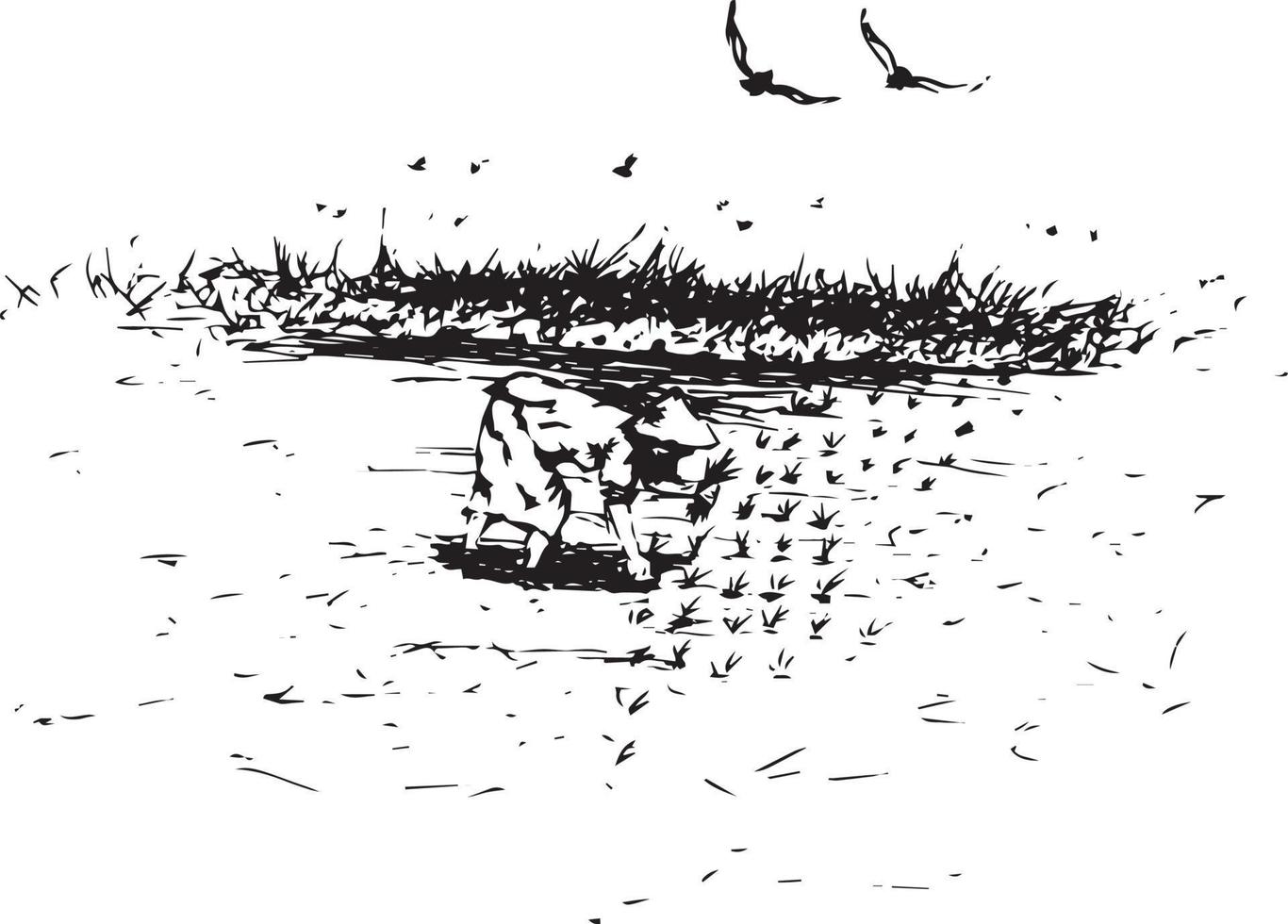 main tiré vecteur la nature illustration avec une agriculteur plantation riz sur le champ