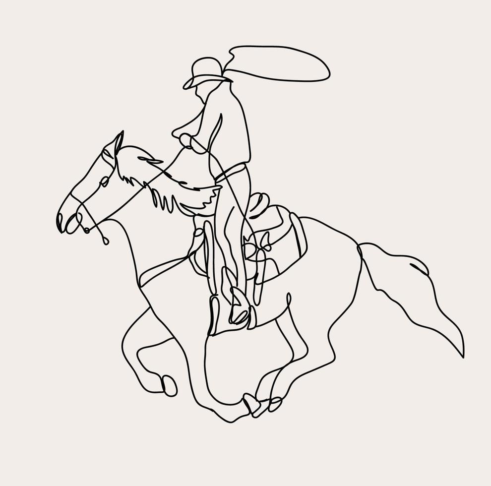 minimaliste cow-boy ligne art, cheval cavalier lasso, Facile à cheval esquisser, Texas équitation dessin, sauvage Ouest occidental, rodeo vecteur