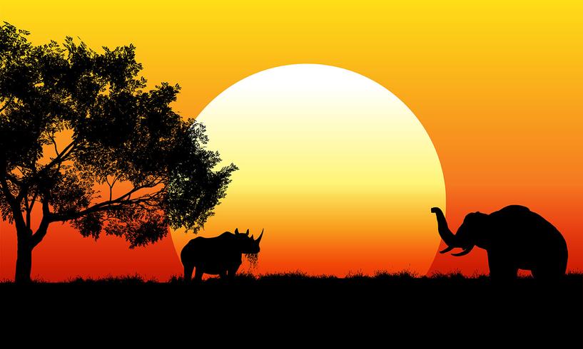 Scène de safari africain au coucher du soleil vecteur